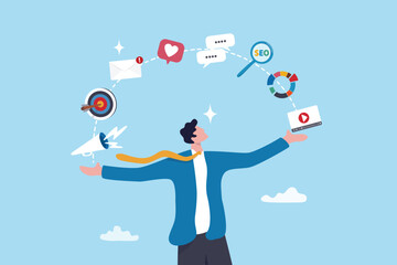 Marketing manager, online advertising, social media content or promotion campaign, customer or consumer target audience, branding communication concept, businessman holding viral marketing elements.