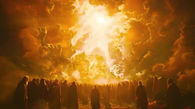 Video recreation of a crowd with tunics watching an apocalyptic sky