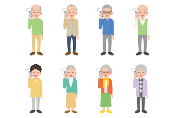 スマホで通話するシニア　男女　笑顔の表情セット