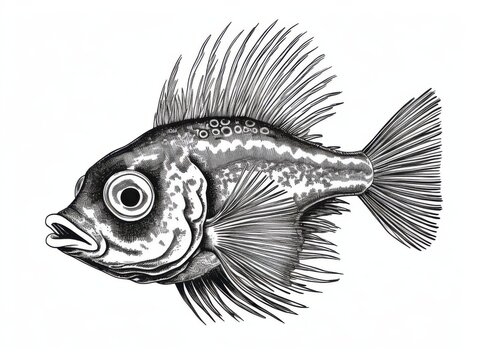 recommend clip art: Black and white Vintage engraved art of a blenny isolated on white background, ink sketch illustration, simple vector art design, highly detailed line art, high contrasty