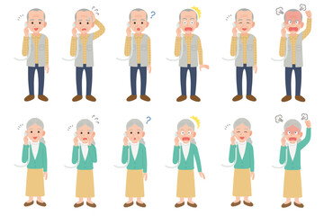 固定電話で通話するシニア　男女表情セット