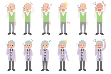 スマホで通話するシニア　男女表情セット