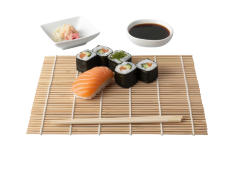 Assorted sushi rolls and nigiri with soy sauce and pickled ginger on bamboo mat, isolated on white background.