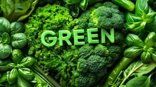 Assortment of Fresh Green Vegetables and Herbs in Heart Shape Around Word GREEN Promoting Healthy Eating Organic Produce and Sustainability
