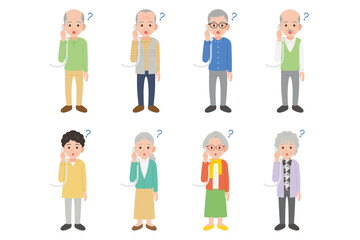 固定電話で通話するシニア　男女　疑問の表情セット