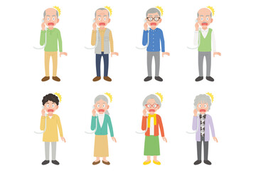 固定電話で通話するシニア　男女　驚いた表情セット