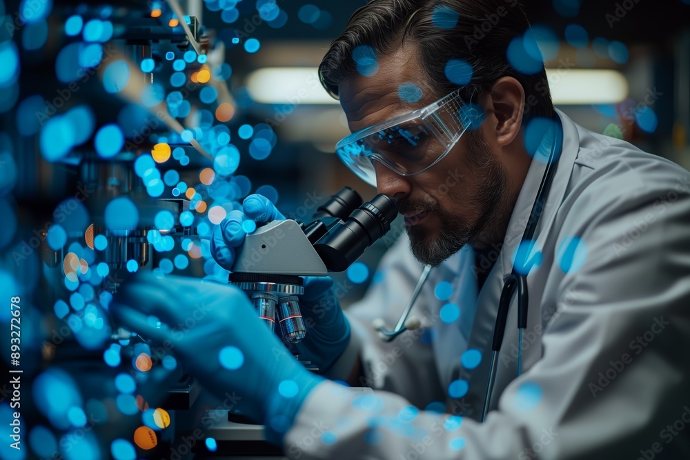 Poster scientist examining sample through microscope in laboratory with blue bokeh lights