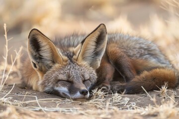 Bat-eared fox sleeping in the Kalahari desert of Southern and Eastern Africa.