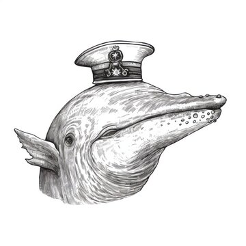 recommend clip art: Black and white Vintage engraved art of a whale with a sailor hat, isolated on white background, ink sketch illustration, simple vector art design, highly detailed line art, high contrasty
