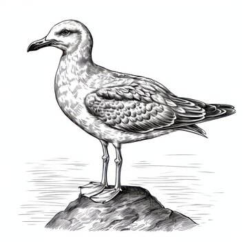 recommend clip art: Black and white Vintage engraved art of a seagull isolated on white background, ink sketch illustration, simple vector art design, highly detailed line art, high contrasty