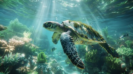 Fototapeta premium A Turtle Swimming in an Ocean With Sunlight Shining Through the Water and Plants Growing On the Bottom of the Ocean - Generative AI