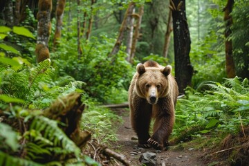 Fototapeta premium Brown bear (Ursus arctos) walking on trail in rainforest