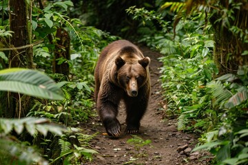 Obraz premium Brown bear (Ursus arctos) walking on trail in rainforest