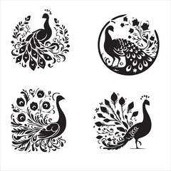 silhouette of clan vector Proud Peacock set isolated on white background 