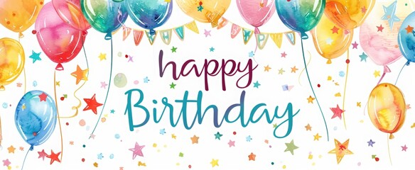 Happy birthday background with balloons and confetti. watercolor birthday background. Birthday party banner template design with space for text