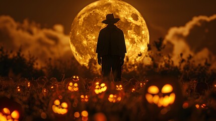 Silhouette of a Witch Stirring a Cauldron under a Full Moon