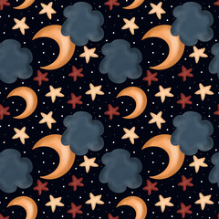 Fabulous night sky, moon, stars, clouds on a dark background. Children's seamless magic pattern.