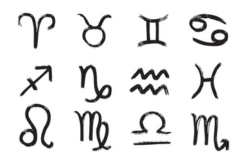 Hand drawn zodiac signs. Doodle Esoteric symbol set. Astrology clipart design Elements 