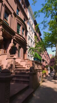 Brownstones in Cental Park West Historic District. Row of Townhouses on Upper West Side, Manhattan, New York City