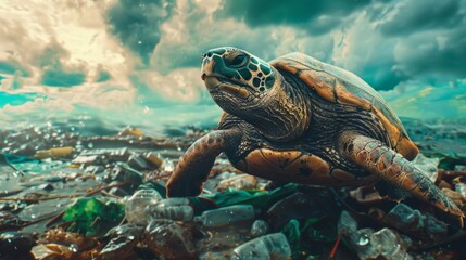 Obraz premium Photo of a dirty turtle standing amid trash and plastic waste. Environmental pollution, toxic emissions into water, oil pollution