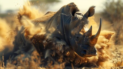 Fototapeta premium A Rhino Is Splashing Around in the Dirt With Its Horns Sticking Out - Generative AI