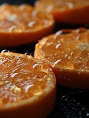 Vivid Macro Photography of Fresh Orange Slices with Dripping Juice Captured in High Detail