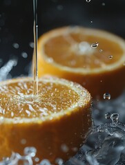 Vivid Macro Photography of Fresh Orange Slices with Dripping Juice Captured in High Detail