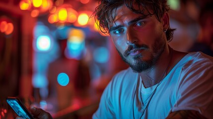 Young Man Checking His Phone In A Bar At Night