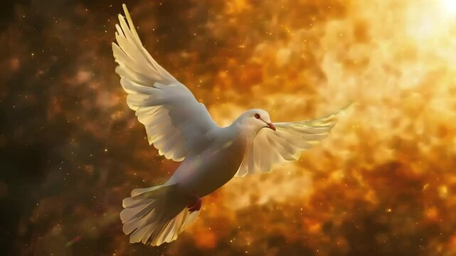 Video recreation of a white dove, as Holy Spirit, flying with the wings extended between flares of sunset