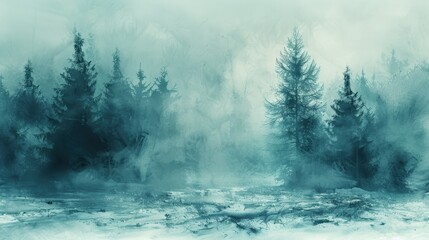 Watercolor Foggy Forest Landscape in Winter