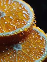 Vivid Macro Photography of Fresh Orange Slices with Dripping Juice Captured in High Detail