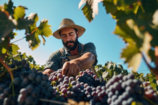 Winemaker inspecting ripe grapes under a clear blue sky, surrounded by lush grapevines in a vineyard