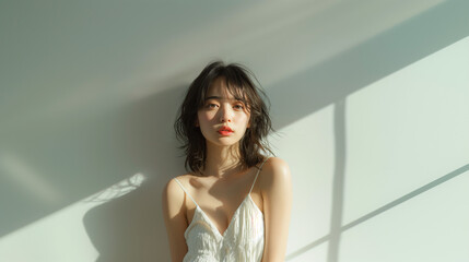 Fototapeta premium Beautiful Japanese girl in a white dress, with shoulder length hair, in an upper body shot, against a light background, with light and shadow on her face, in front of a white wall, with soft lighting