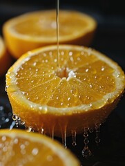 Vivid Macro Photography of Fresh Orange Slices with Dripping Juice Captured in High Detail