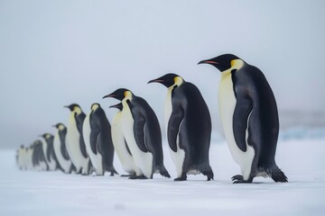Fototapeta premium Emperor penguins (Aptenodytes forsteri) walking in a row, side view
