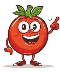 Cartoon Tomato Smiling and Pointing Right with a White Background