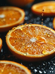 Vivid Macro Photography of Fresh Orange Slices with Dripping Juice Captured in High Detail