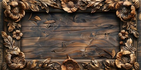 Handcrafted Rustic Wooden Frame with Carved Floral Ornaments on Natural Background