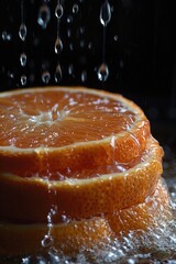 Vivid Macro Photography of Fresh Orange Slices with Dripping Juice Captured in High Detail