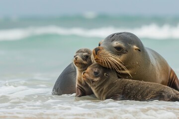Obraz premium Female Australian Sea Lion with Pup in Surf