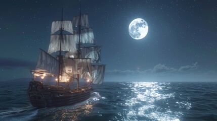A Sail Boat in the Ocean Under a Full Moon on a Clear Night - Generative AI
