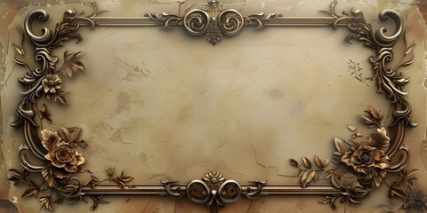 Vintage Bronze Framed Parchment Background with Elegant Floral Ornamentation and Copy Space