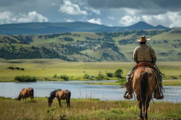 Gaucho on his horse watching wild horses grazing