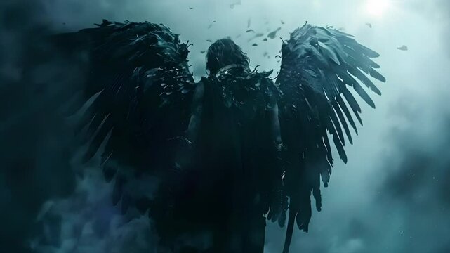 Video recreation of black fallen angel Lucifer from back	
