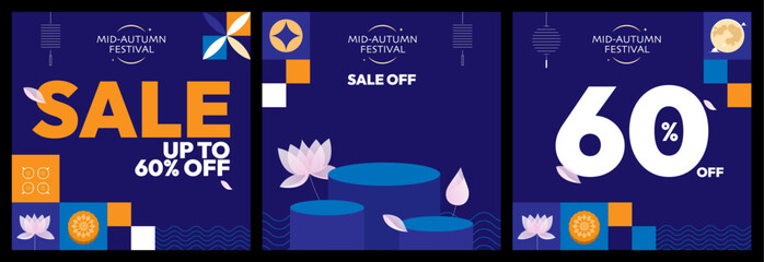 Happy Mid-Autumn Moon Festival Sale Flyer Poster Template Collection. Vector Happy Mid-Autumn Festival Sale Design for Coupon, Banner, Voucher or Promotional Poster.