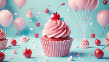 A cupcake with pink frosting and a cherry on top, placed in a pink cupcake liner.
