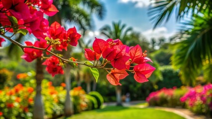 Obraz premium A vibrant red bougainvillea flower at the end of a green branch, with a blurred tropical garden in the background.