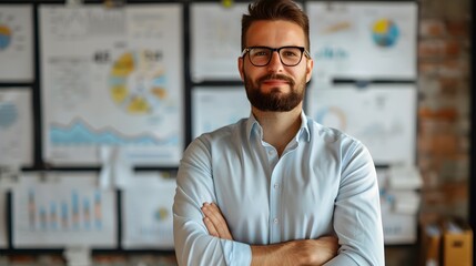 Obraz premium Confident business leader with a visionary perspective, outlining future growth plans and strategies for company success, with charts and graphs in the background