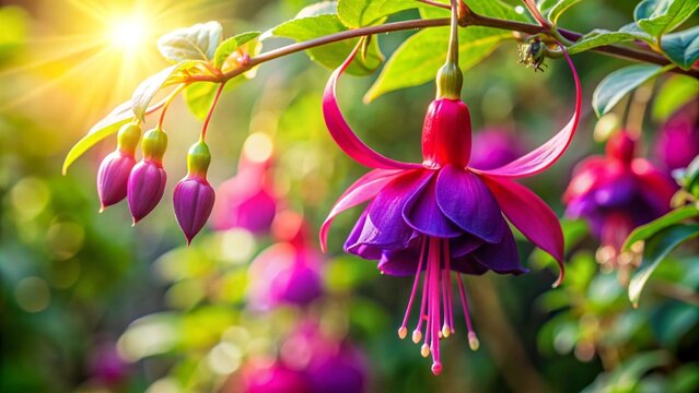 A vibrant purple fuchsia flower at the end of a green branch, with a background of a sunlit garden.