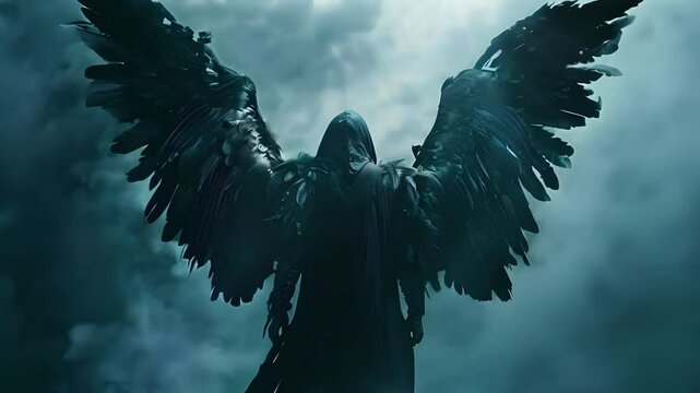 Video recreation of black fallen angel called Lucifer from back	
